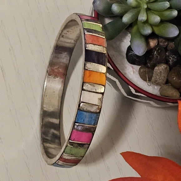 Silver multi-color inlay stone Bangle - Picture 1 of 5